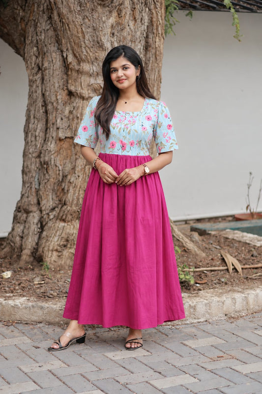Cotton / Raw silk Maternity Maxi/Gown in center zip - Festival Collection- Full cotton lining - Pink with pink flower
