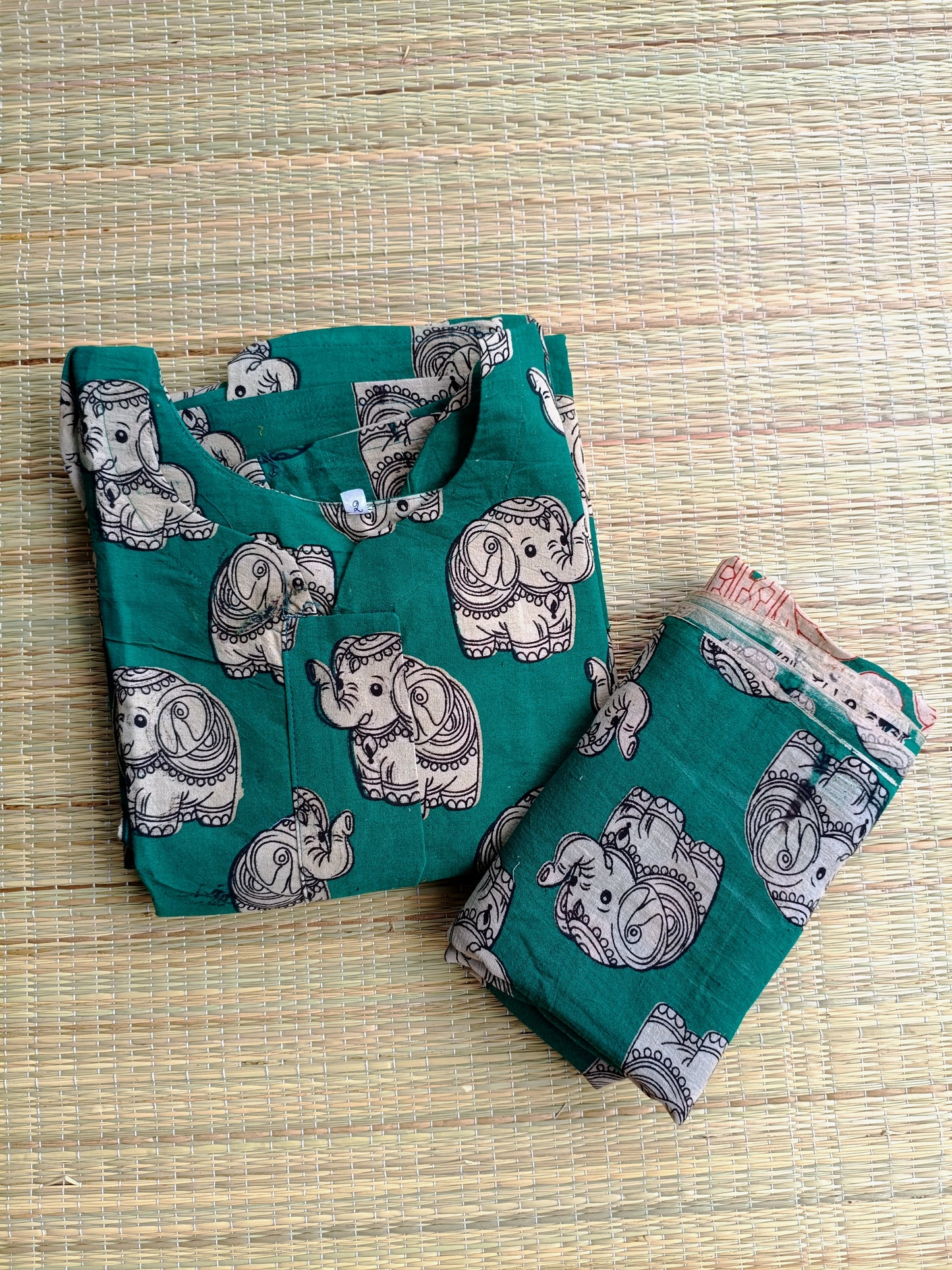 Block printed kalamkari cotton Maternity 2 pc chudidhar set [ Top with center side zip, and dupatta - Green mini elephant