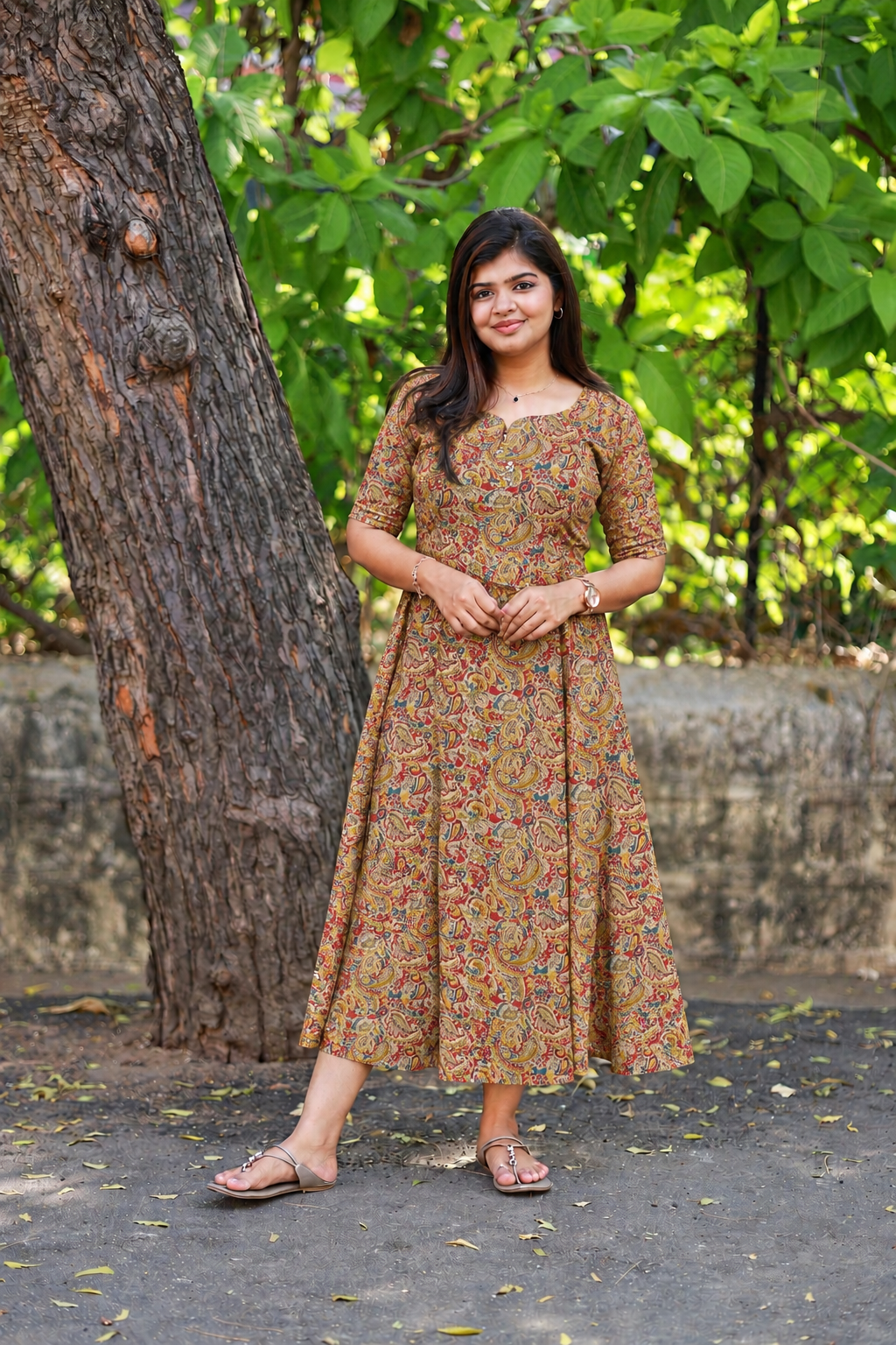 Kalamkari Cotton  A line Maternity Feeding Kurti /Center Zip(Dress length 45 inches)- Red leaf