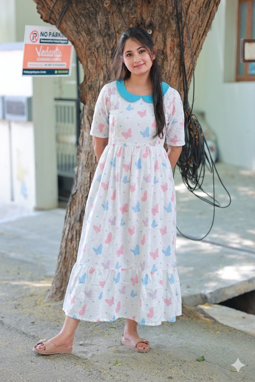 Cotton - Feeding/ Maternity Maxi/Gown - Cotton lining /Double side zip - Butterfly - Photoshoot