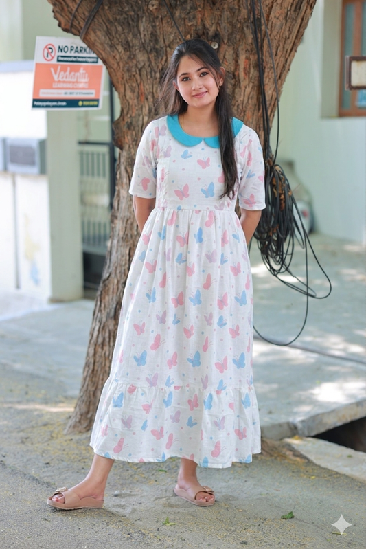 Cotton - Feeding/ Maternity Maxi/Gown - Cotton lining /Double side zip - Butterfly - Photoshoot
