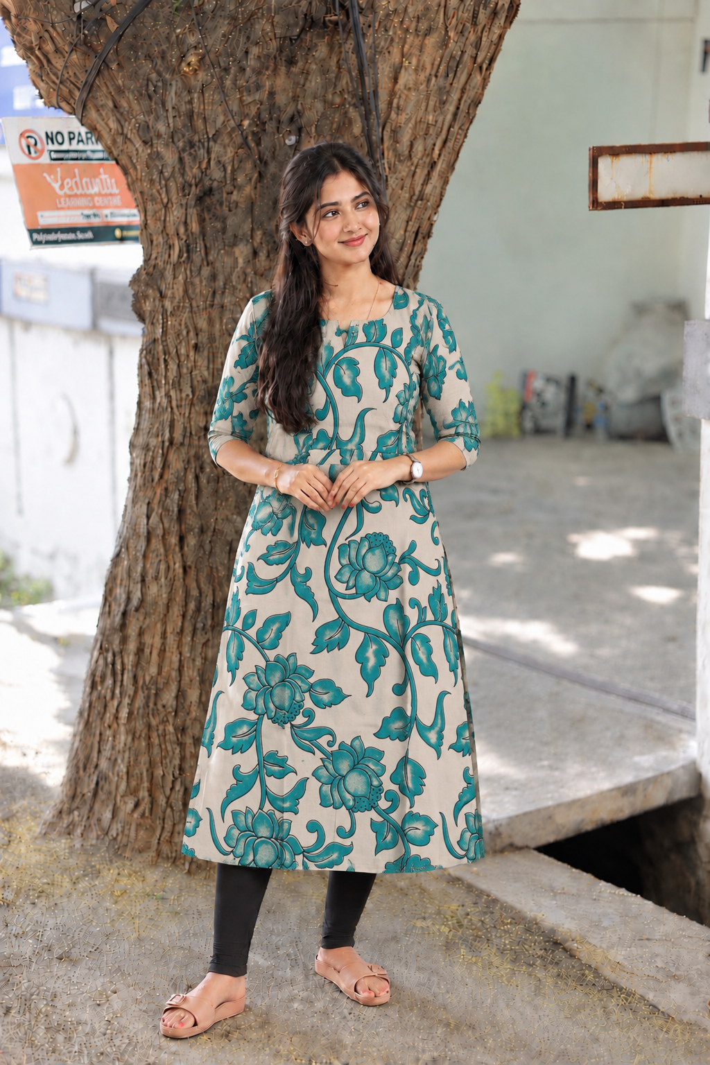 Block printed kalamkari cotton Maternity 2 pc chudidhar set [ Top with double side zip, and dupatta - Green Flower