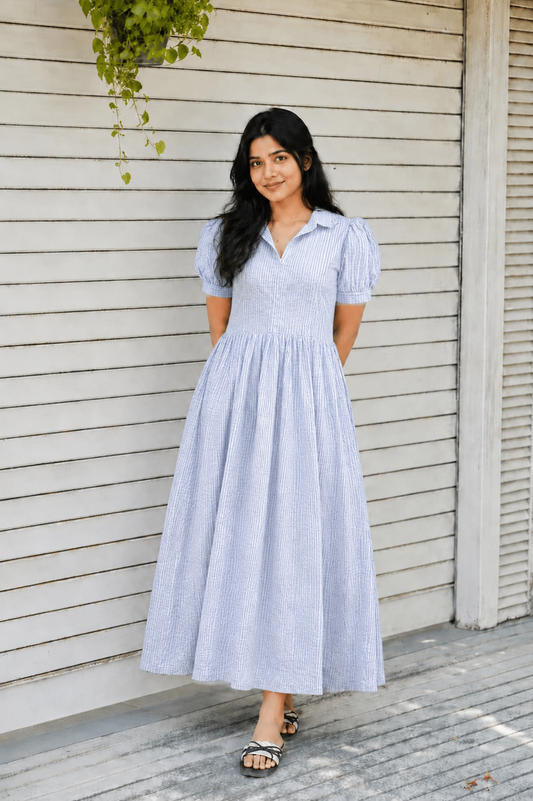 Prewashed handloom Cotton - Feeding/ Maternity Maxi/Gown - Cotton lining /Center zip -Collar Blue and white stripe