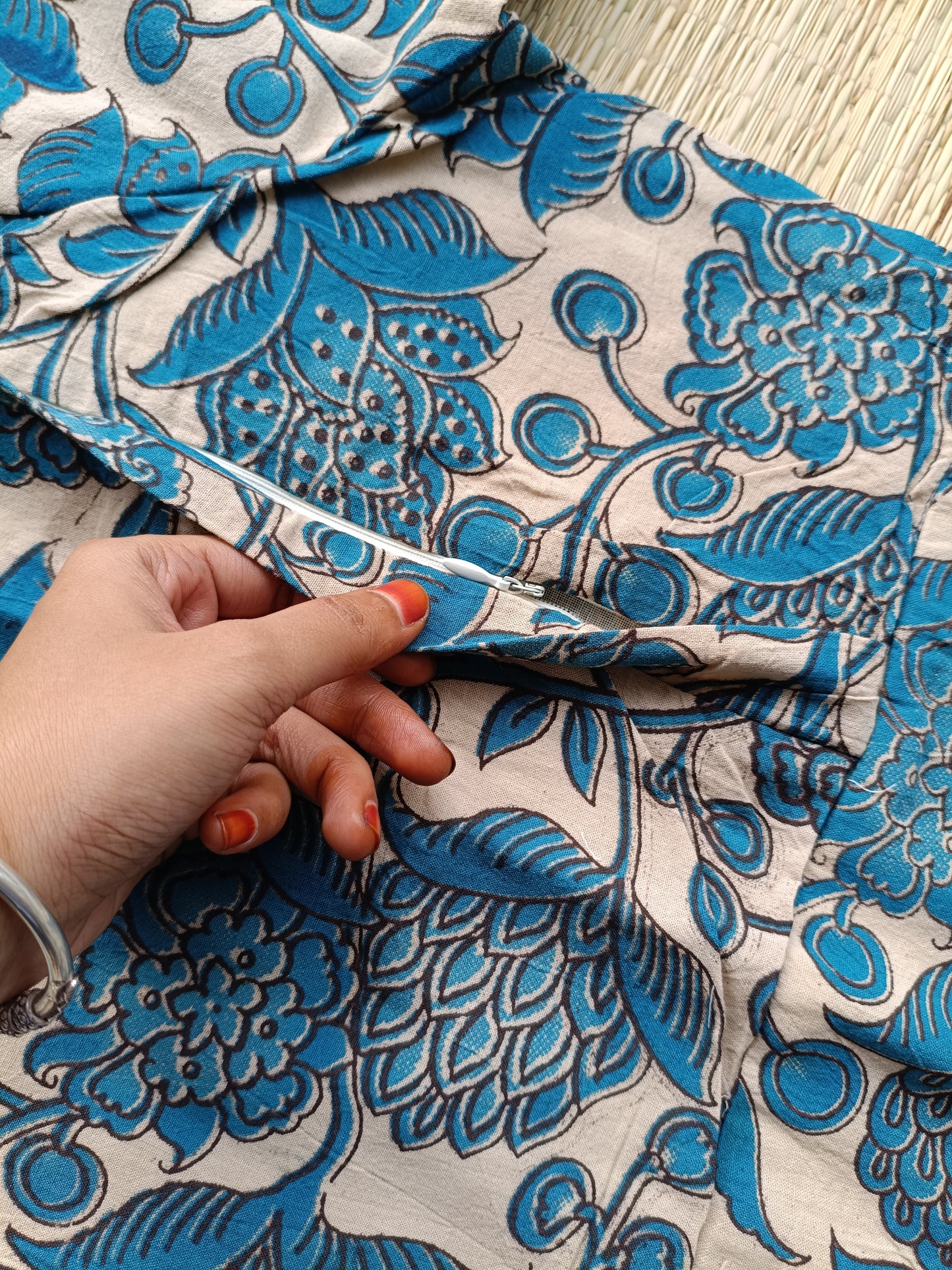 Block printed kalamkari cotton Maternity 2 pc chudidhar set [ Top with double side zip, and dupatta - Ramar green flower