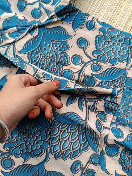 Block printed kalamkari cotton Maternity 2 pc chudidhar set [ Top with double side zip, and dupatta - Ramar green flower