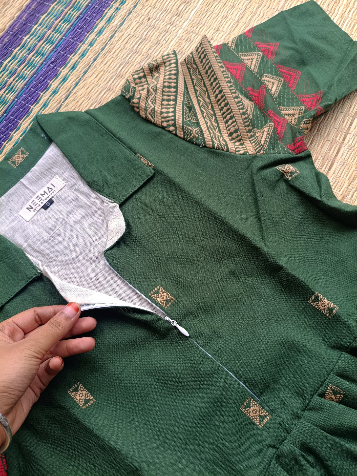 Handloom Jamdani - Maternity / Feeding - Maxi/Gown - Cotton Lining - Center zip- Collar Green and sandal