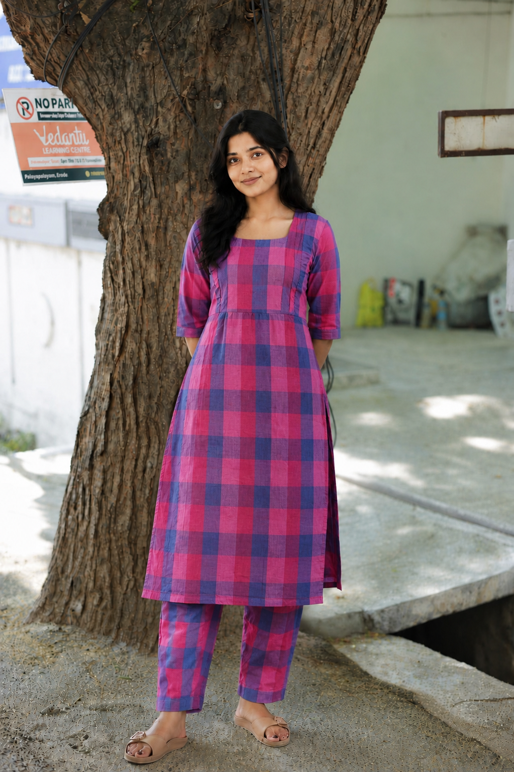 Madras check/ cotton Maternity 2 pc chudidhar set [ Top with double side zip, and Pant- pink