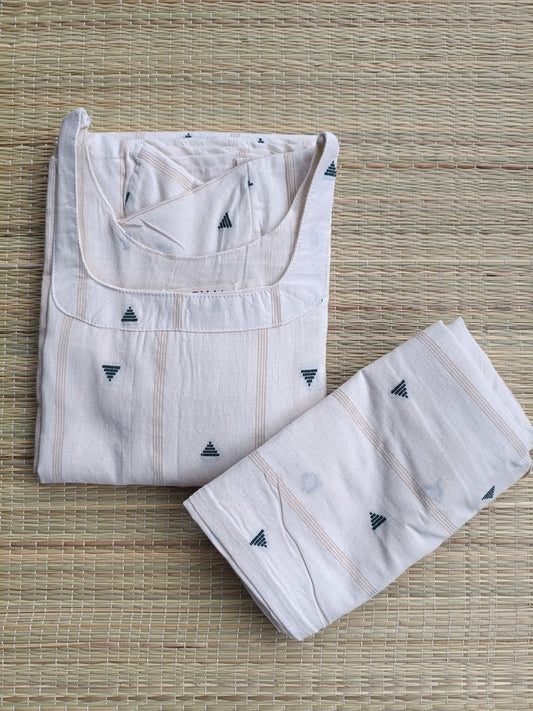 Onam special Maternity 2 pc chudidhar set [ Top with double side zip, and pant] -White and Green butta