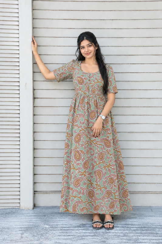 Premium Cotton - Feeding/ Maternity Maxi/Gown - Cotton lining /Center zip - Green flower