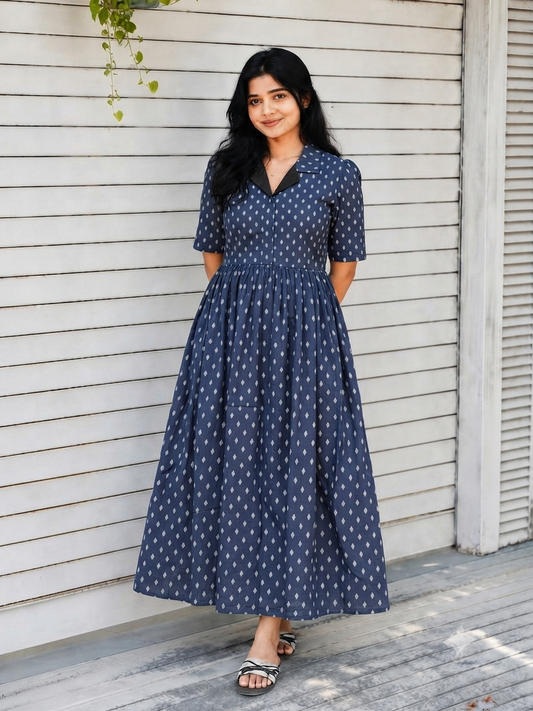 Premium Muslin/Cotton - Feeding/ Maternity Maxi/Gown - Cotton lining /Center zip -Collar  Navy blue and white butta