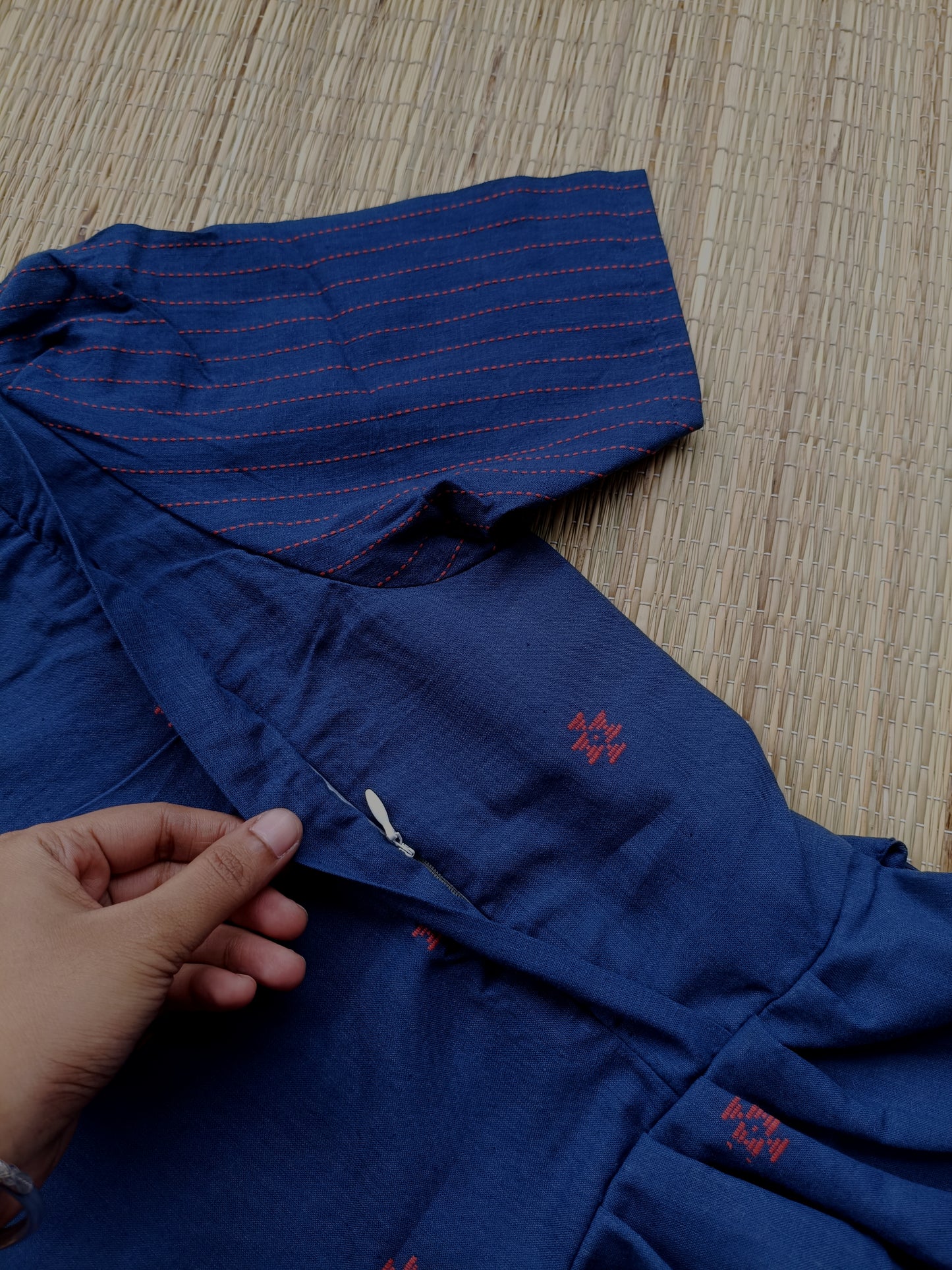 Handloom Cotton Maternity Feeding Gown/ maxi / Double side zip–Navy blue with pink butta