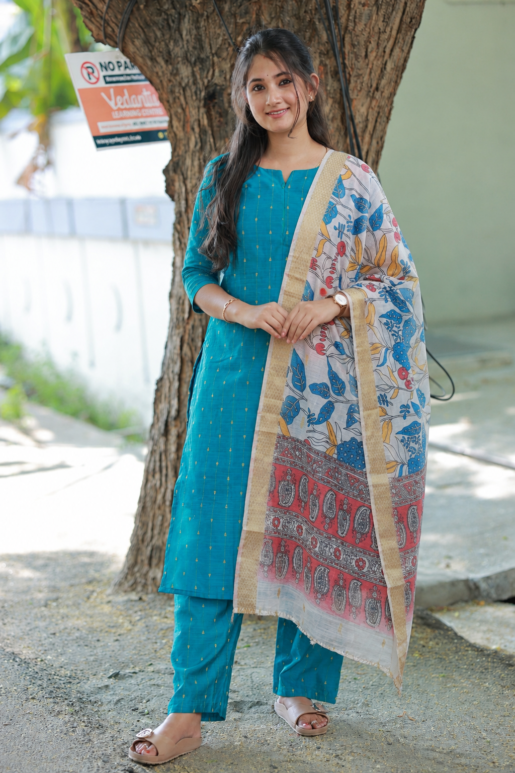 Coordset - Raw silk Maternity 3 pc  festival kurti  set [ Top with center zip, pant and dupatta ] - Blue