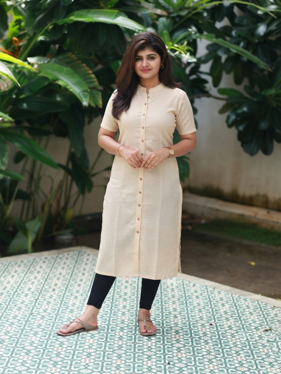 silk Kurti/ Front 4 button operable( optional feeding) -used to Normal wear kurti - Gold and white
