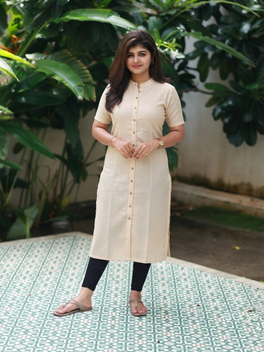 silk Kurti/ Front 4 button operable( optional feeding) -used to Normal wear kurti - Gold and white