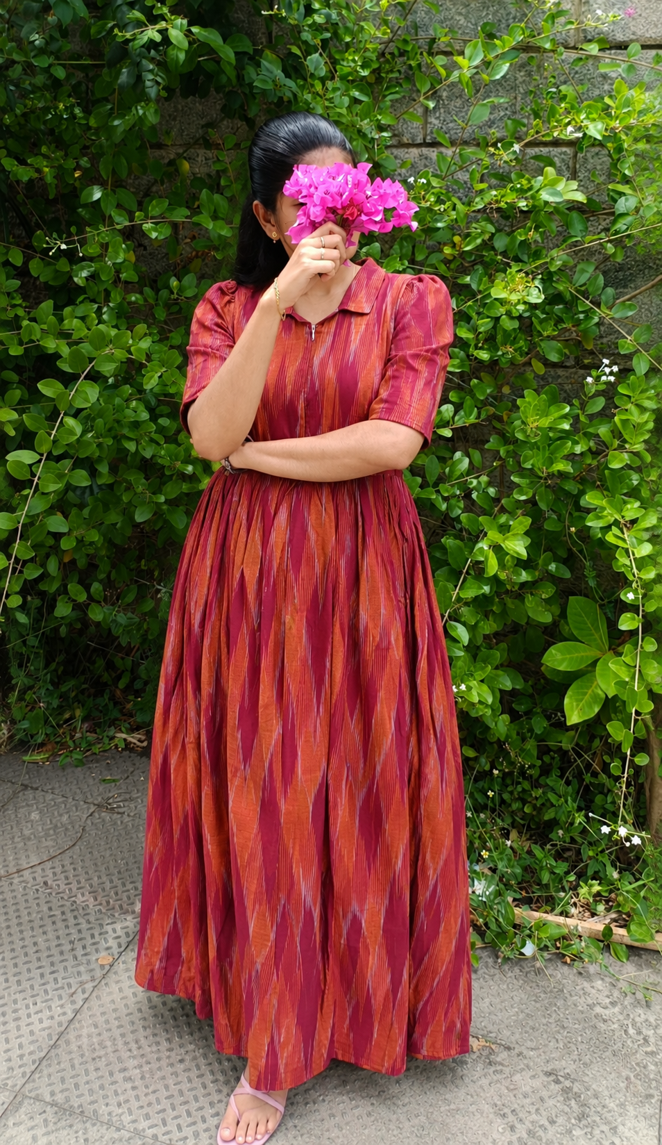 Premium Cotton - Feeding/ Maternity Maxi/Gown - Cotton lining /Center zip -Collar Maroon and orange