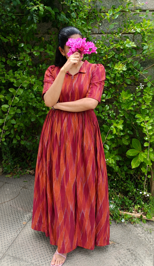 Premium Cotton - Feeding/ Maternity Maxi/Gown - Cotton lining /Center zip -Collar Maroon and orange