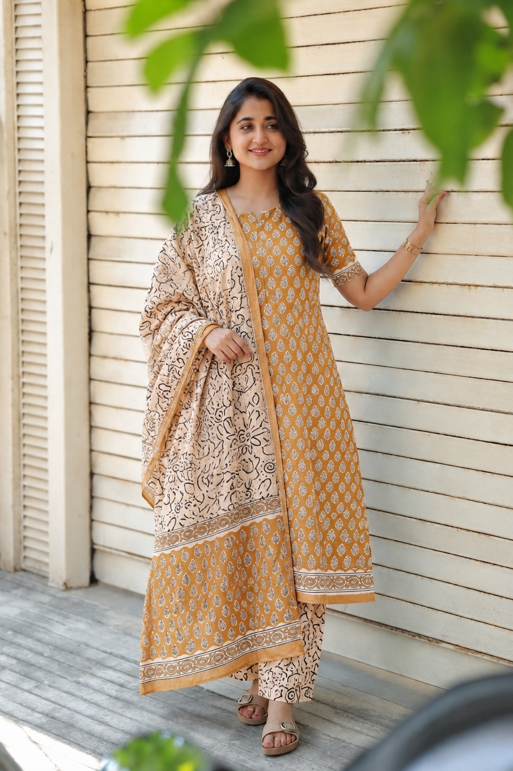 Premium soft Cotton Maternity 3 pc chudidhar set [ Top with center zip, pant and dupatta ] -A line Top - ( No side open) Mustard