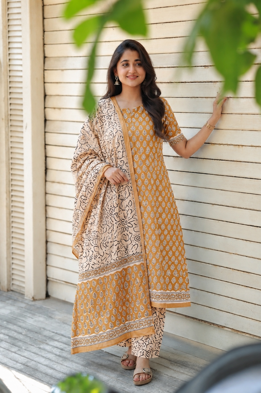 Premium soft Cotton Maternity 3 pc chudidhar set [ Top with center zip, pant and dupatta ] -A line Top - ( No side open) Mustard