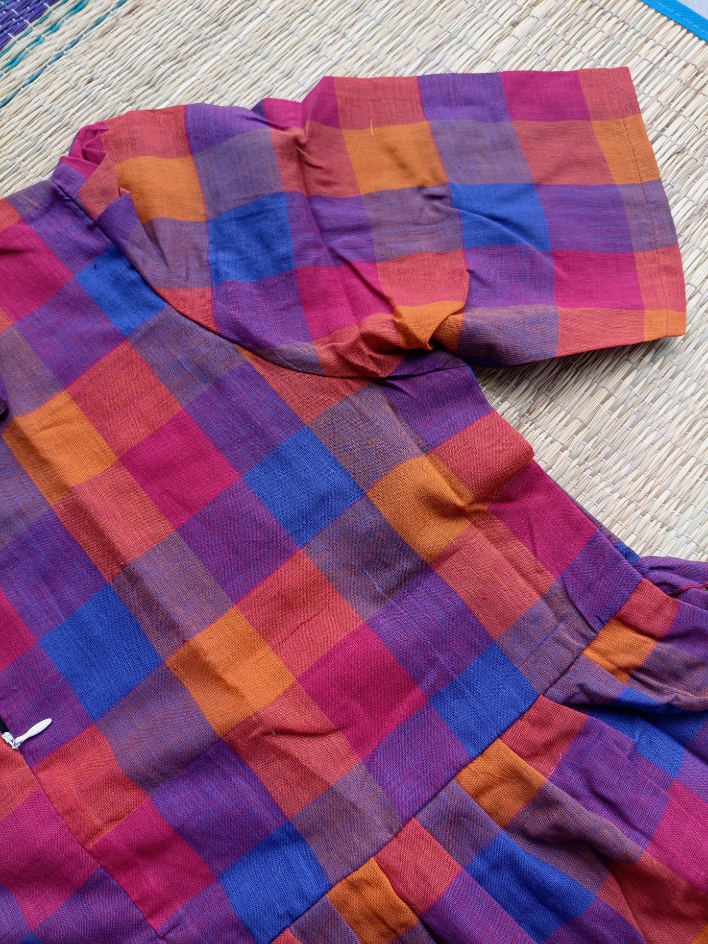 Madras checks Cotton - Feeding/ Maternity Maxi/Gown - Cotton lining /Center zip -Collar  Pink and blue checks