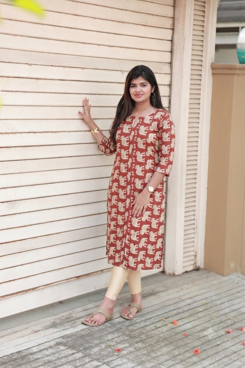Center zip Kalamkari Cotton   Normal /Feeding kurti -  Red elephant