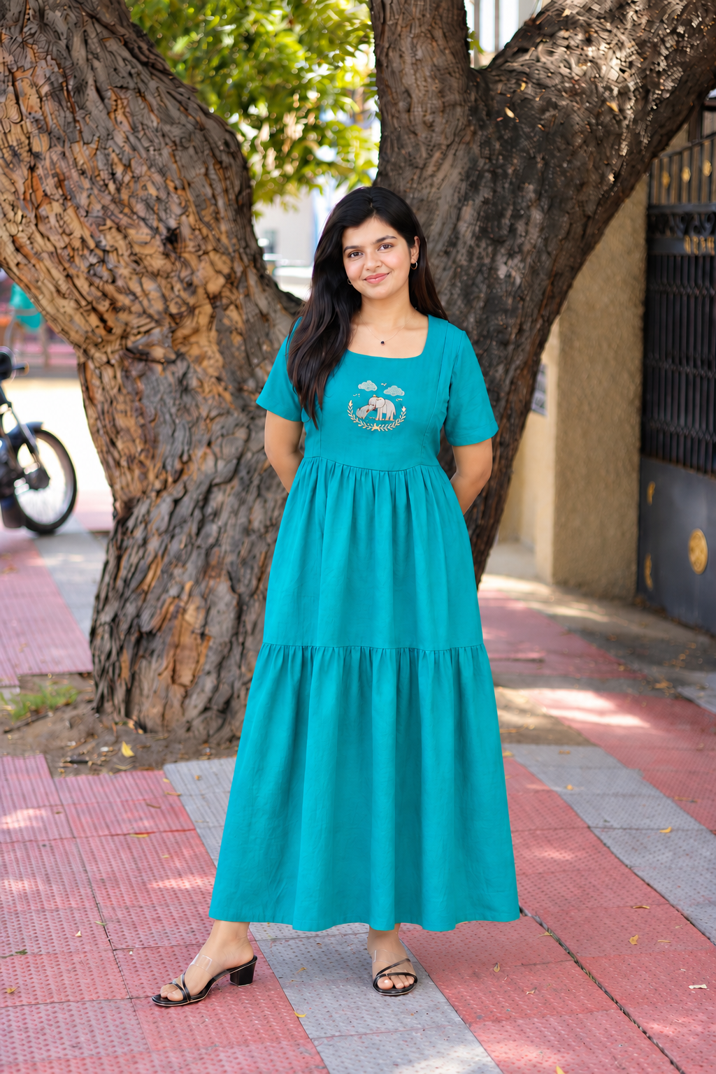 Muslin Cotton Maternity Feeding Dress – Sky blue| Double Side Nursing Zip( elephant embroidery Design)