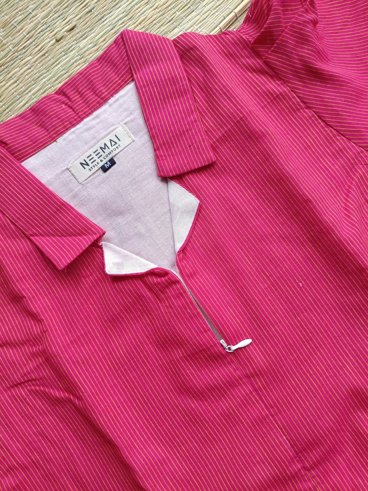 Prewashed handloom Cotton - Feeding/ Maternity Maxi/Gown - Cotton lining /Center zip -Collar Pink stripe