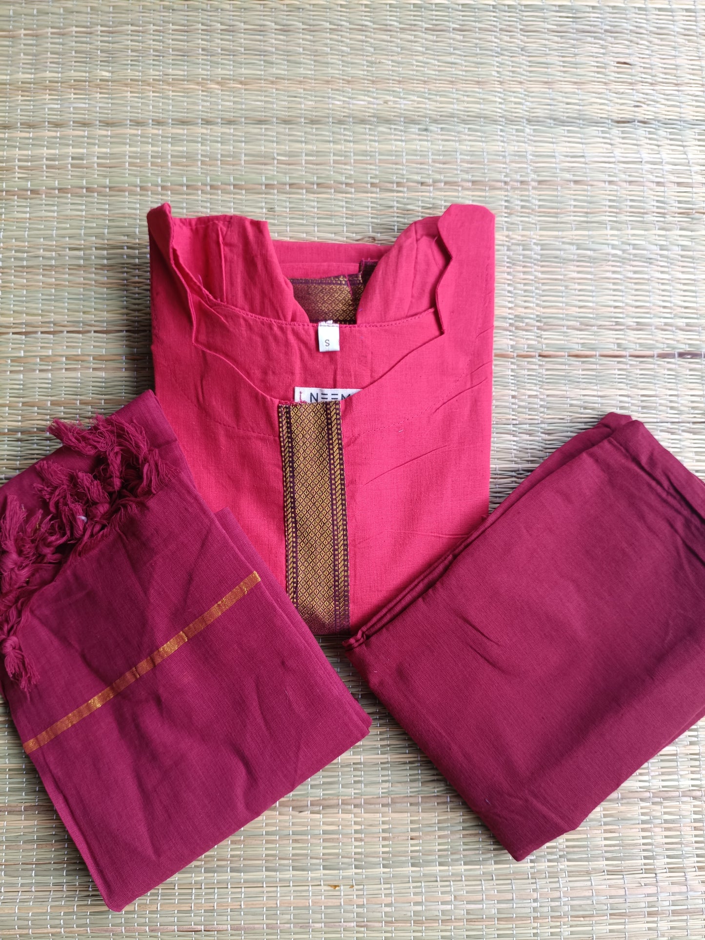 Handloom chetti nadu  cotton Maternity 3 pc chudidhar set [ Top with center zip, pant and dupatta] - Pink