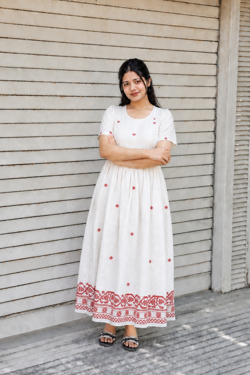 Handloom Jamdani - Maternity / Feeding - Maxi/Gown - Cotton Lining - Double side Zips - White and Red Butta