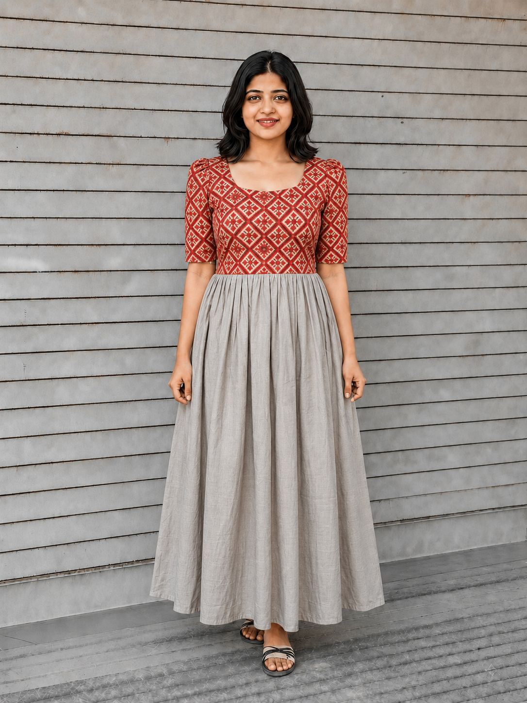Raw silk Maternity Maxi/Gown in center zip - Festival Collection- Full cotton lining -Silver with red patola