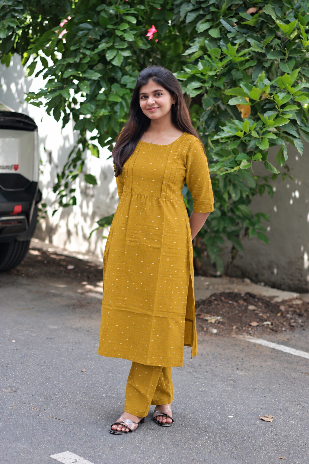 Raw Silk Maternity 3 Pc Chudidhar Set – Yellow /Double side Zip (Side Open Top)