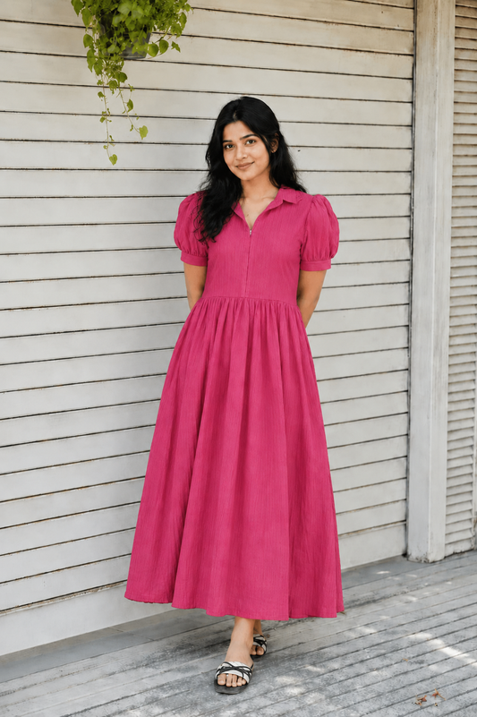 Prewashed handloom Cotton - Feeding/ Maternity Maxi/Gown - Cotton lining /Center zip -Collar Pink stripe