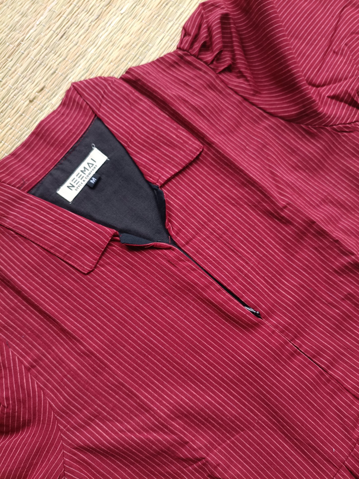 Prewashed handloom Cotton - Feeding/ Maternity Maxi/Gown - Cotton lining /Center zip -Collar Red Stripe