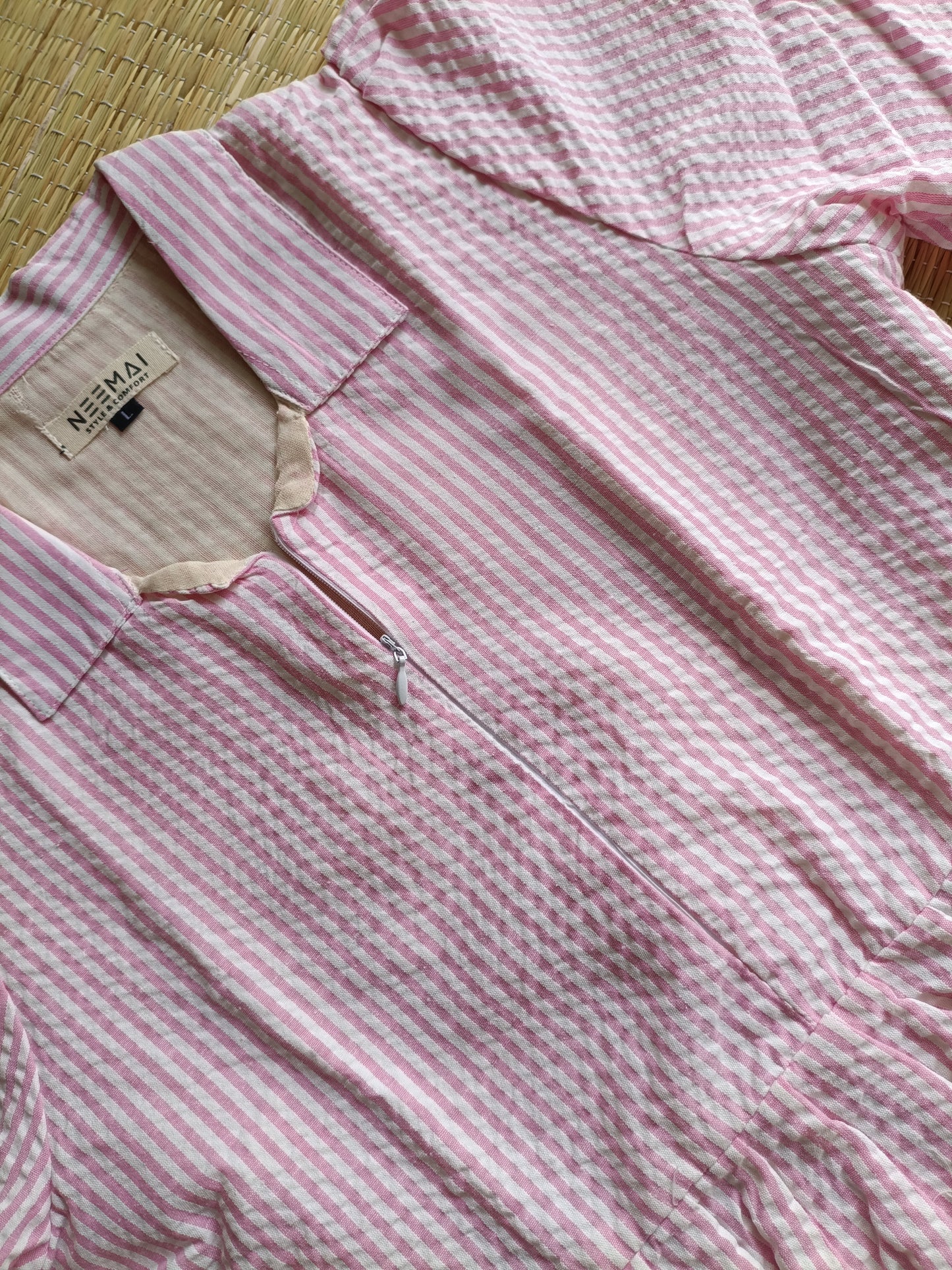 Popcorn Cotton - Feeding/ Maternity Maxi/Gown - Cotton lining /Center zip -Collar White with pink stripe