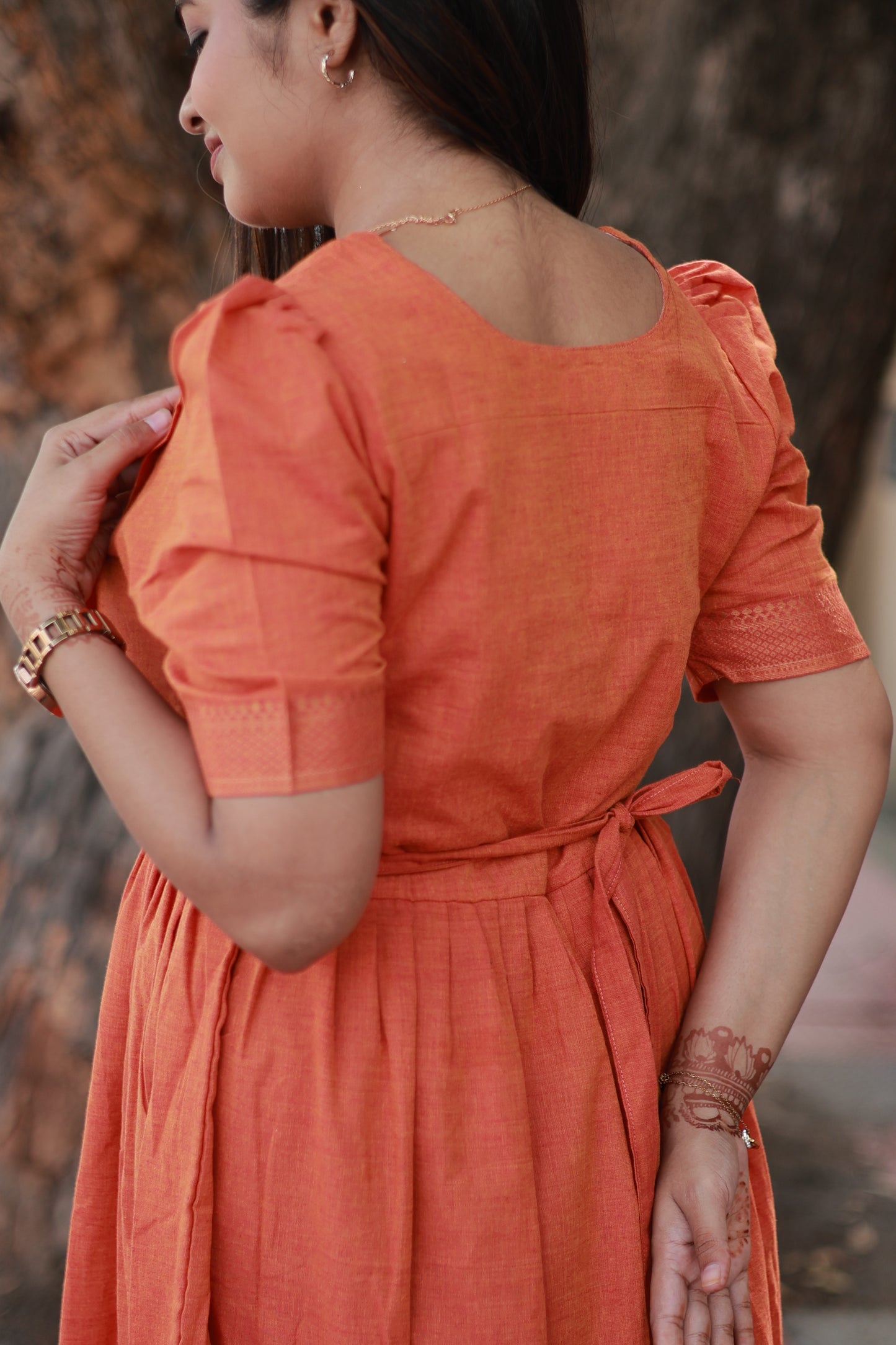 Chettinad Cotton -2 pc set -Maternity Maxi/Gown - Festival Collection -Full cotton lining- Double side zip with dupatta- Orange With multi color