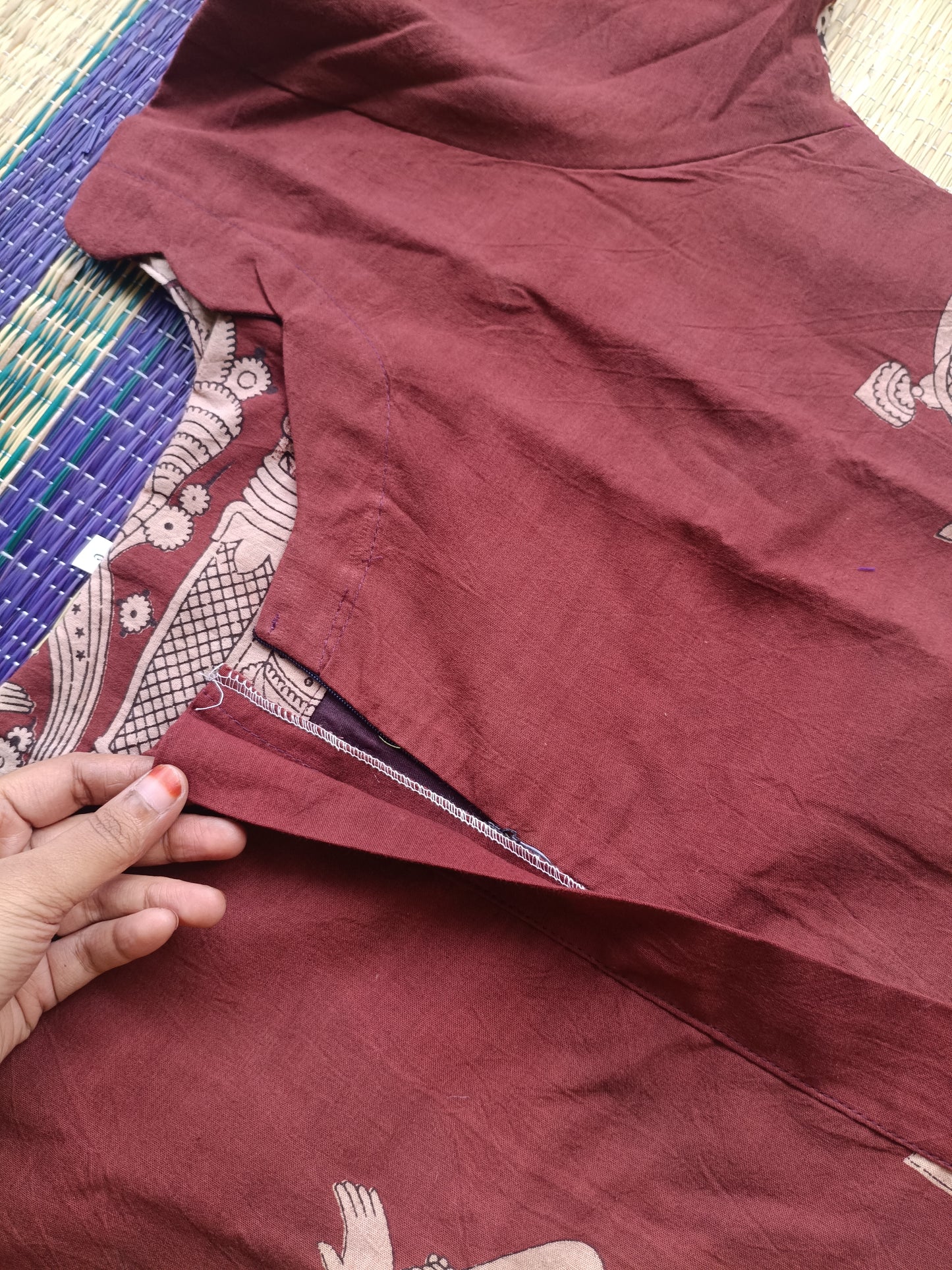 Block printed kalamkari cotton Maternity 3 pc chudidhar set [ Top with center zip, Pant and dupatta - Maroon ( A line kurti -No side open)