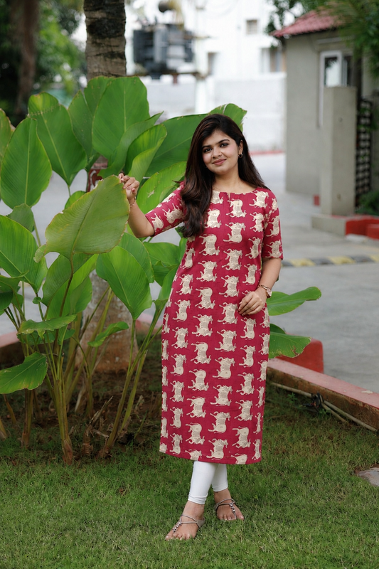 Raw Silk Center zip Cotton   Normal /Feeding kurti -  Red  pichwai