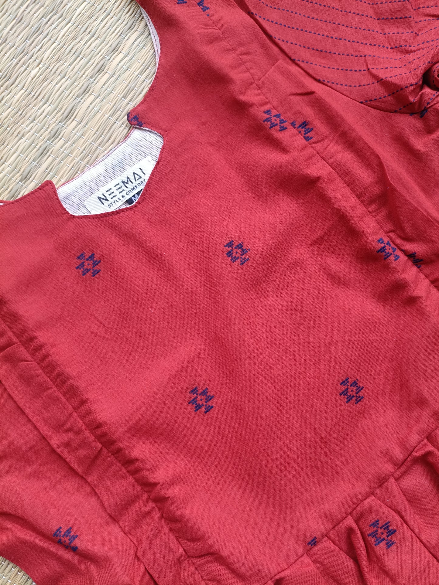 Handloom Cotton Maternity Feeding Gown/ maxi/  Double Side Zip- Red with blue butta