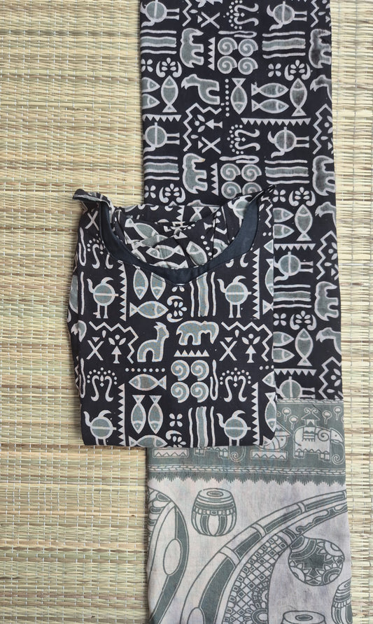Block printed kalamkari cotton Maternity 2 pc chudidhar set [ Top with double side zip, and dupatta - Black fish