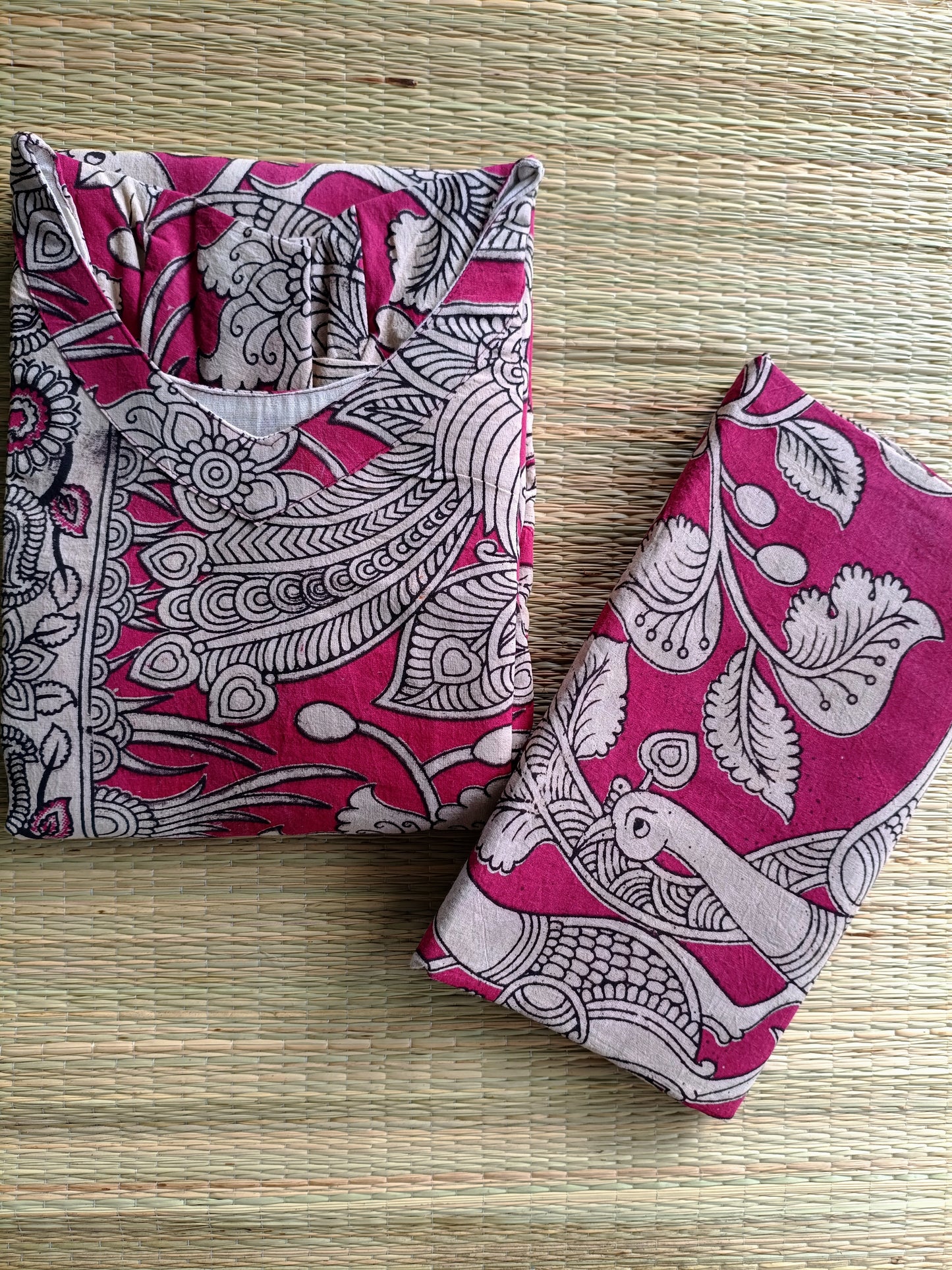 Block printed kalamkari cotton Maternity 2 pc chudidhar set [ Top with double side zip, and dupatta - Pink and sandal flower