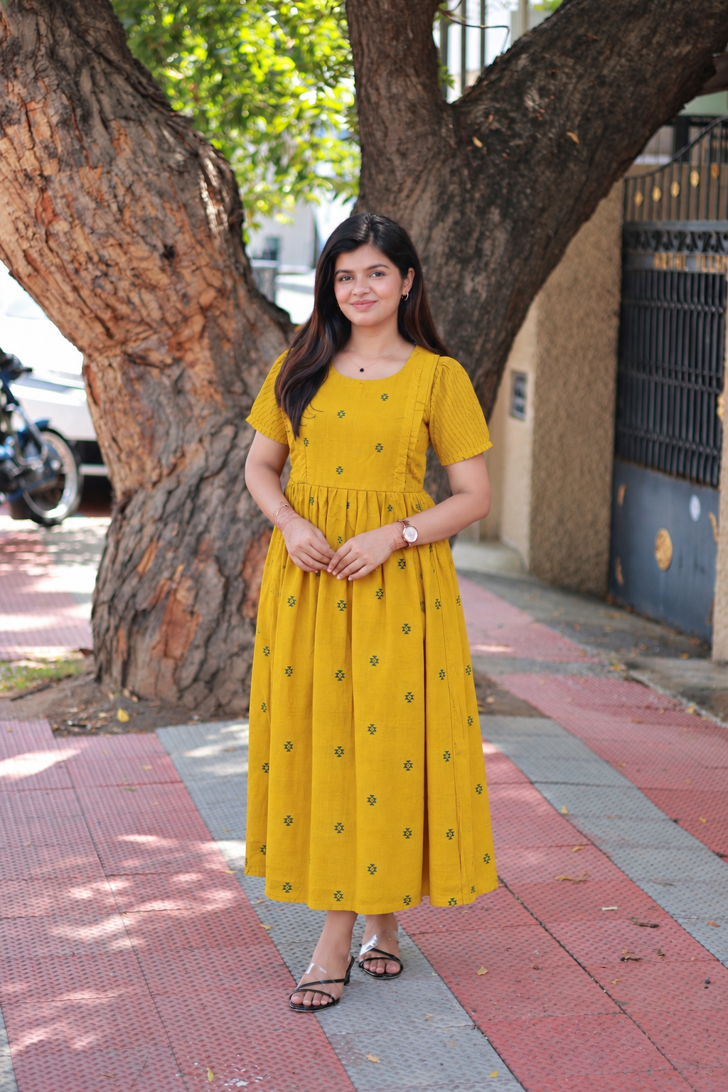 Handloom Cotton Maternity Feeding Gown / maxi / Double side zip - mustard and Green butta