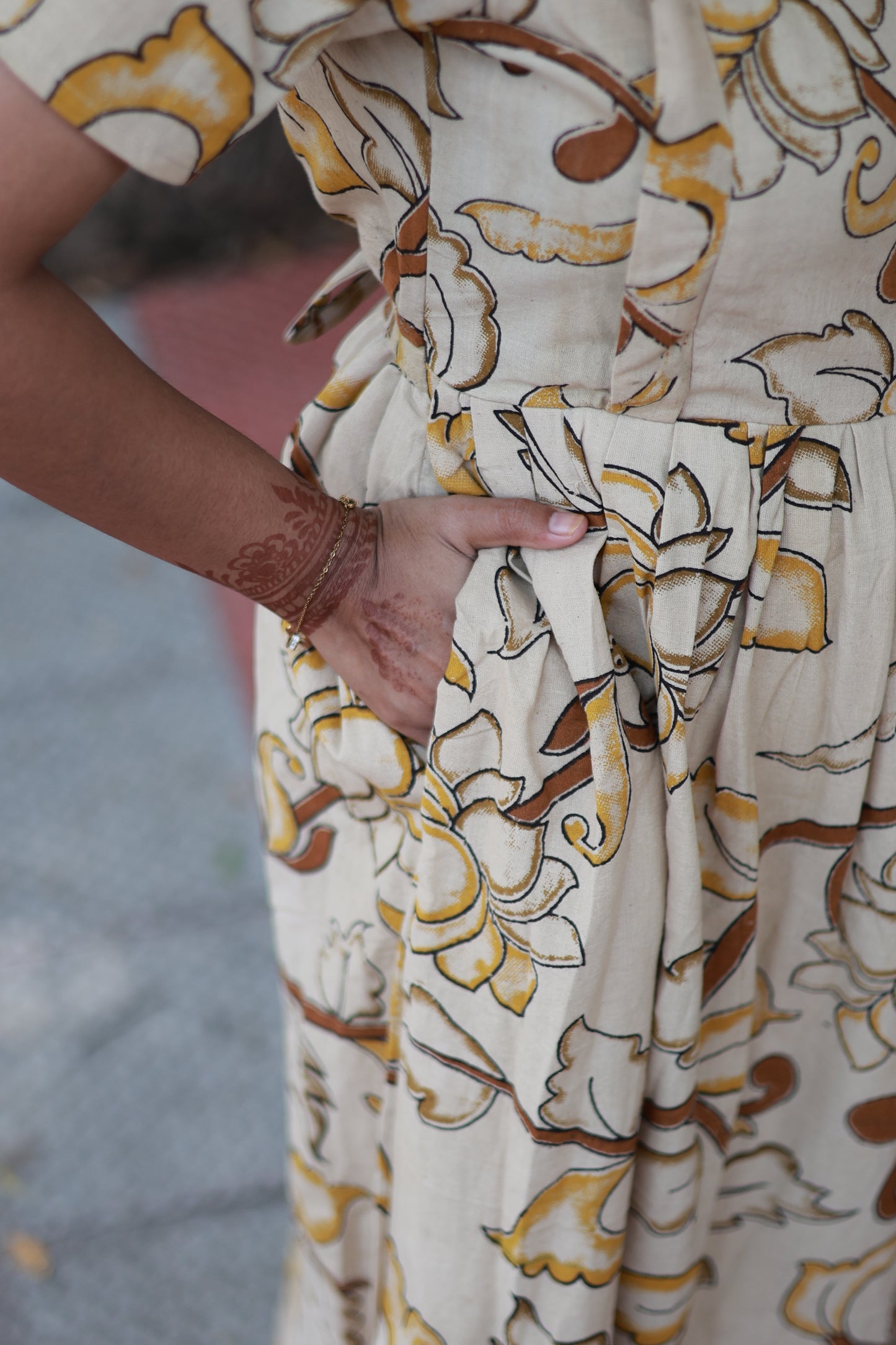 Kalamkari cotton- Feeding/ Maternity Maxi/Gown - Cotton lining  / Double side zip- Brown with yellow