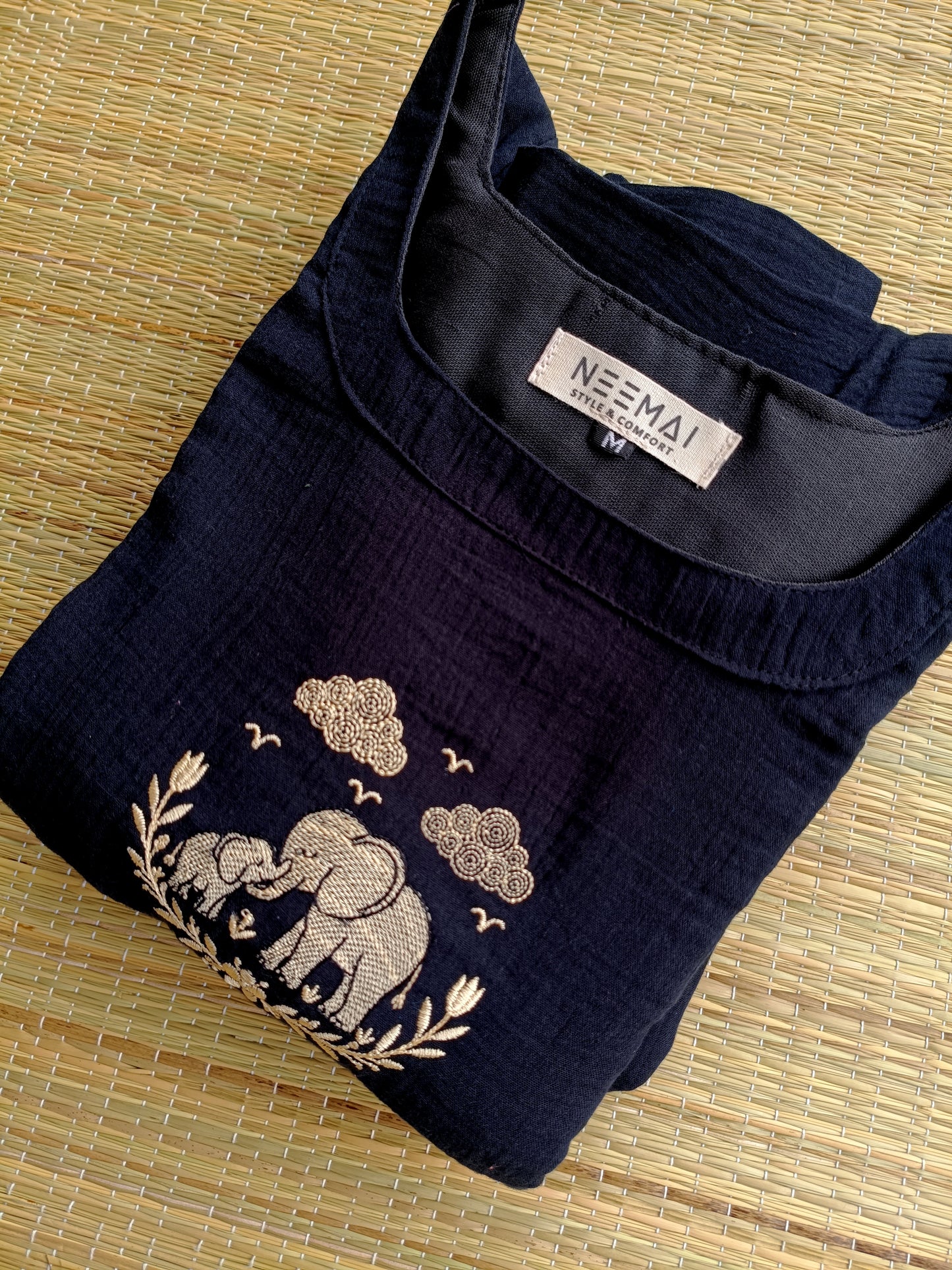 Muslin Cotton Maternity Feeding Dress – Black | Double Side Nursing Zip( elephant embroidery Design)