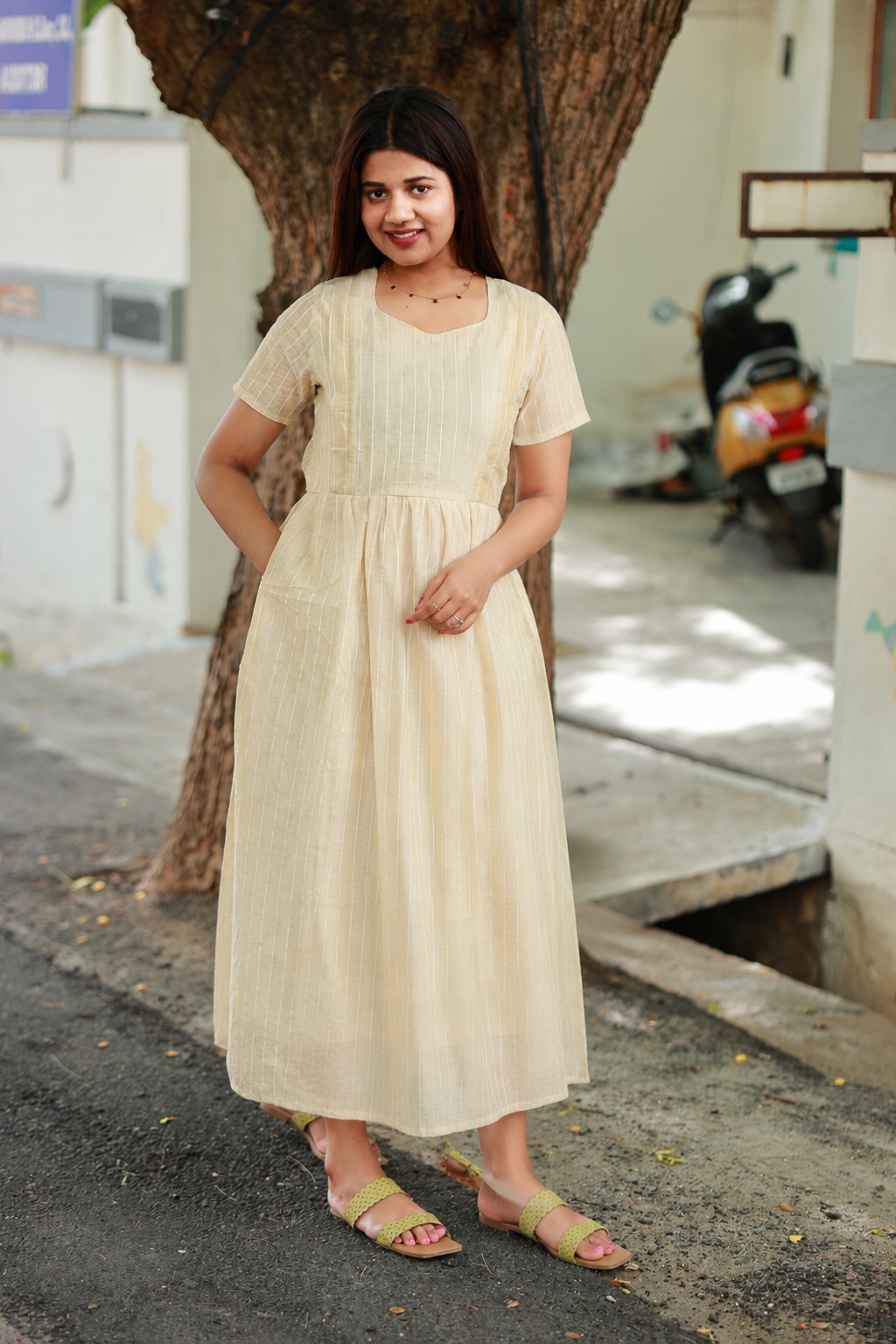 Sandalwood - Maternity / Feeding - Maxi/Gown - Cotton Lining - Double side Zips - stripes off white