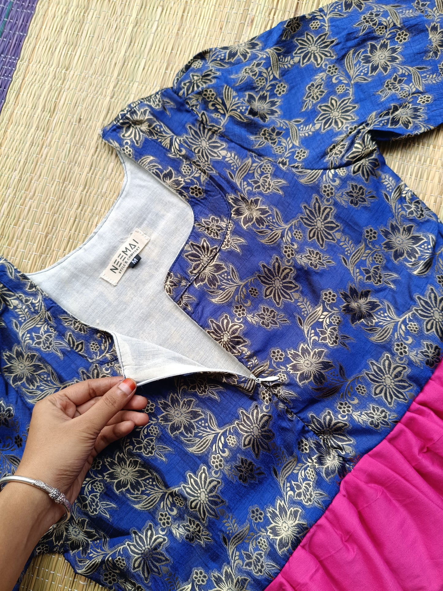 Raw silk Maternity Maxi/Gown in center zip - Festival Collection- Full cotton lining - Blue with pink