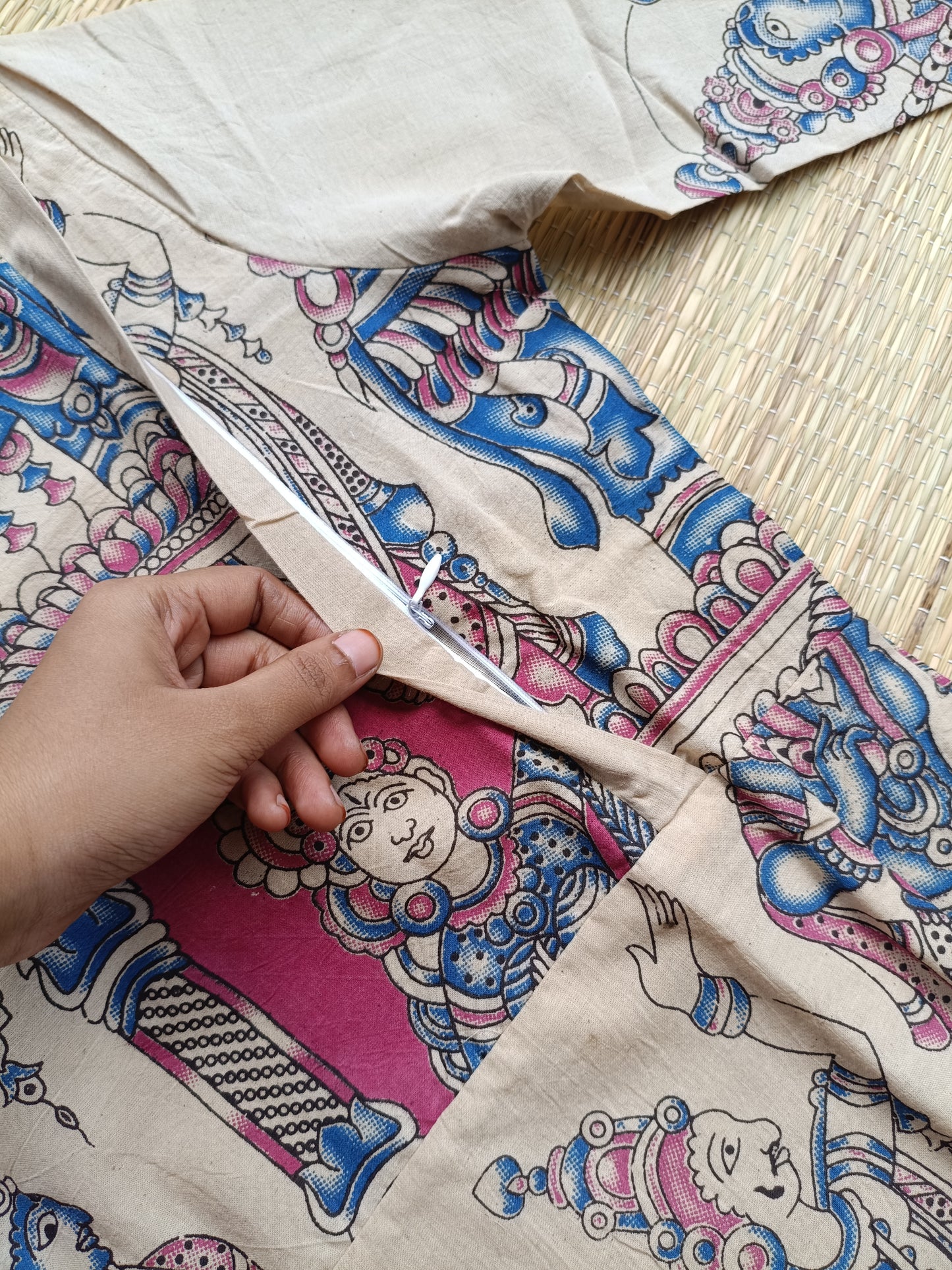 Block printed kalamkari cotton Maternity 2 pc chudidhar set [ Top with double side zip, and dupatta - Pink and blue