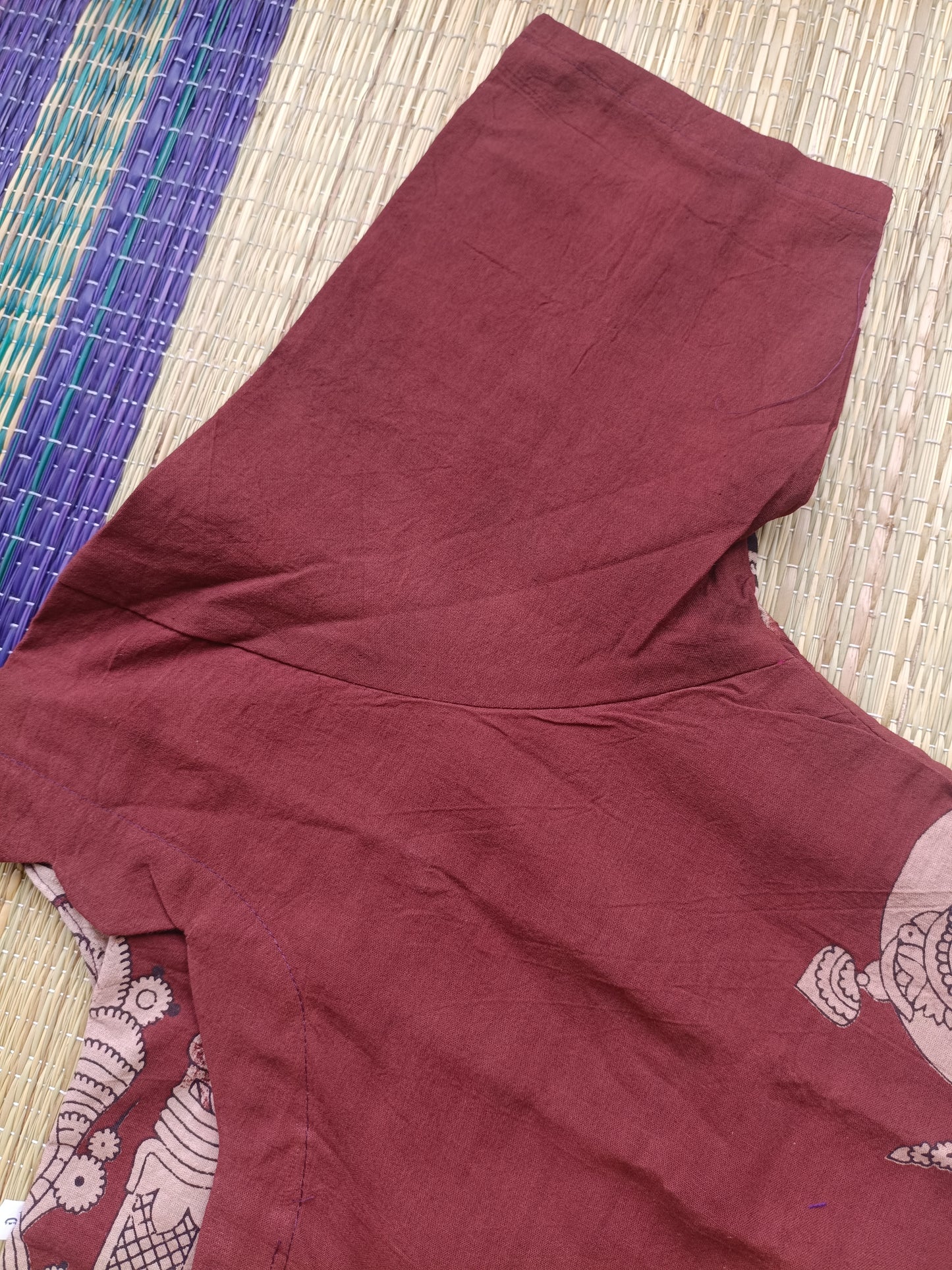 Block printed kalamkari cotton Maternity 3 pc chudidhar set [ Top with center zip, Pant and dupatta - Maroon ( A line kurti -No side open)