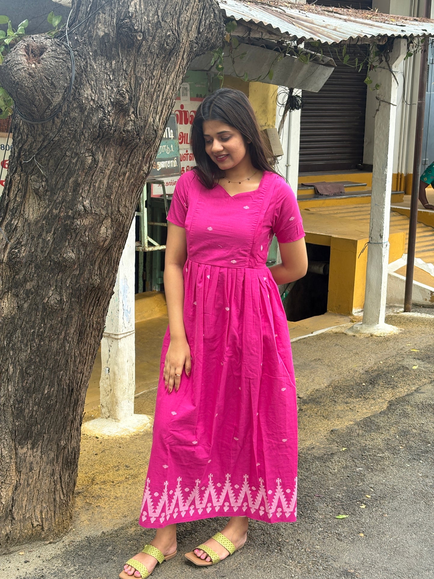Prewashed Handloom Jamdani - Maternity / Feeding - Maxi/Gown -Full  Cotton Lining - Double side Zips - vadamalli