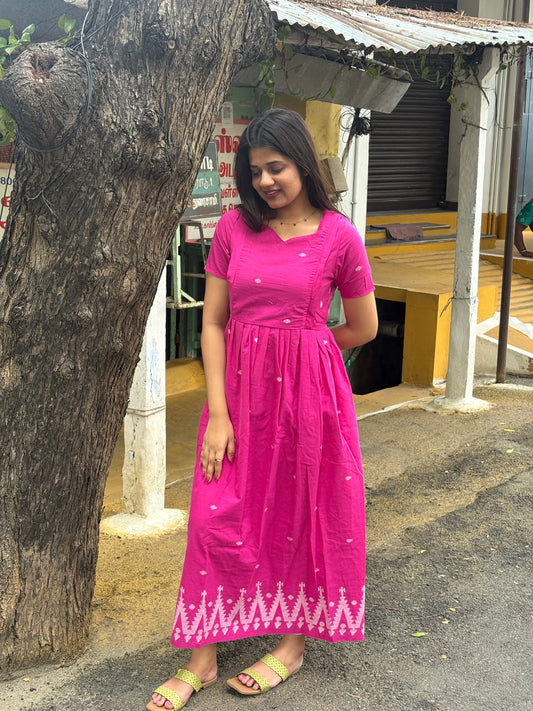 Prewashed Handloom Jamdani - Maternity / Feeding - Maxi/Gown -Full  Cotton Lining - Double side Zips - vadamalli