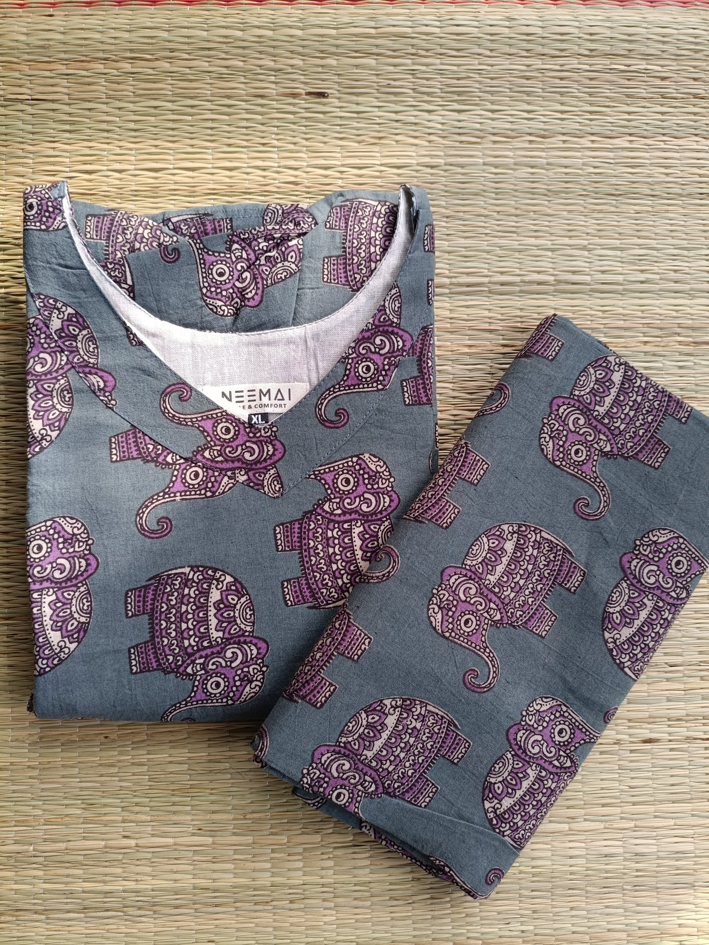 Block printed kalamkari cotton Maternity 2 pc chudidhar set [ Top with double side zip, and dupatta -  Ash and green elephant