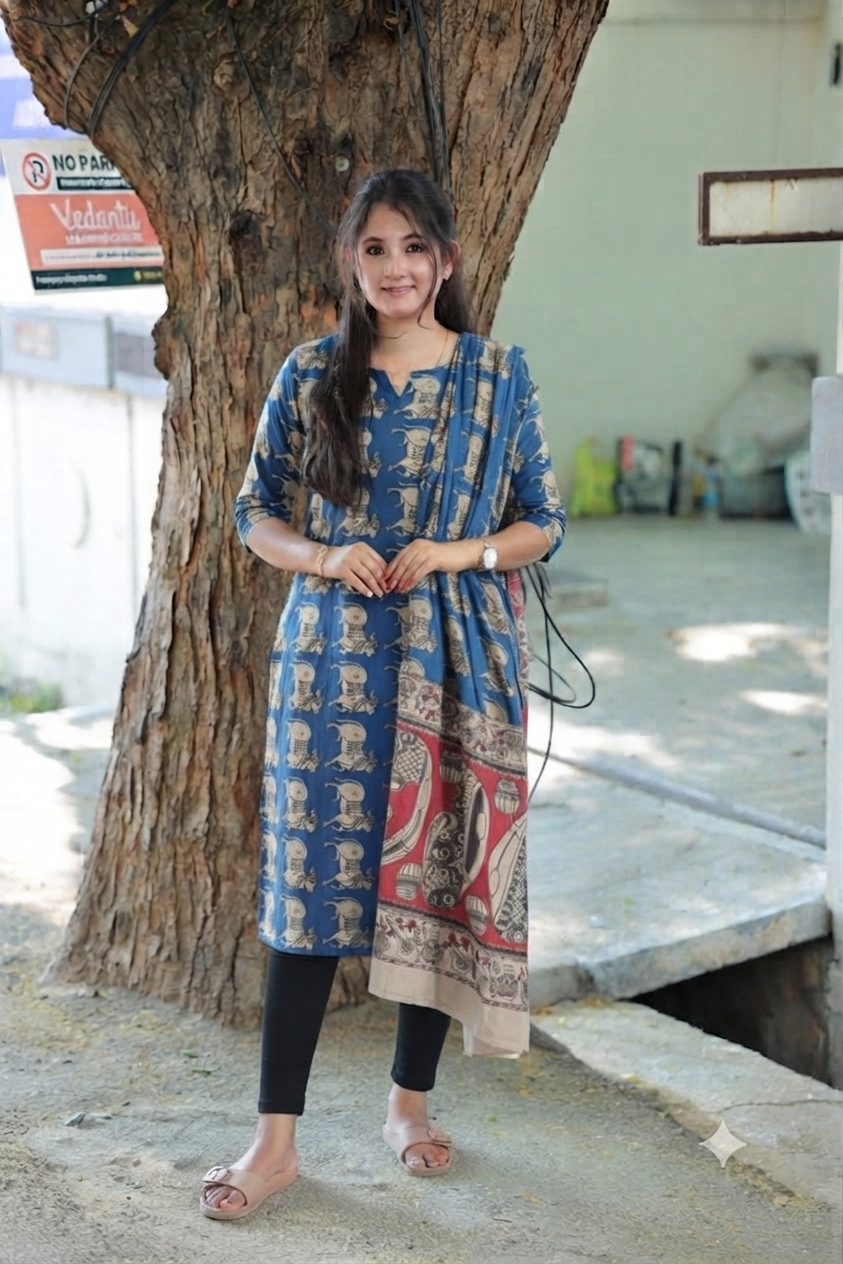 Block printed kalamkari cotton Maternity 2 pc chudidhar set [ Top with double side zip, and dupatta - Blue pichwai